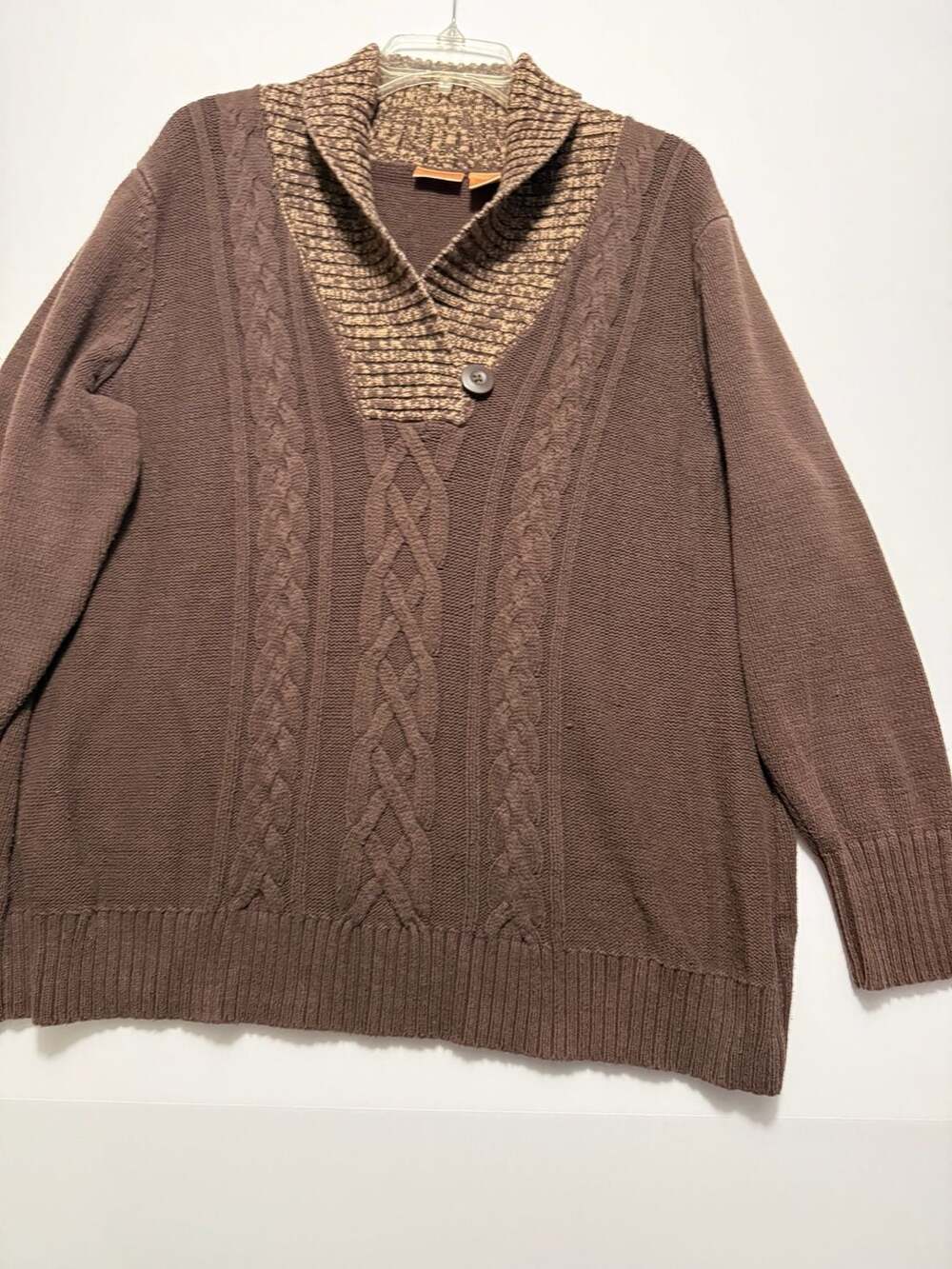 NorthCrest Women's Plus Brown Cable Knit Shawl Collar Pullover Sweater 2X
